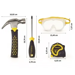 Zestaw narzędzi 5-elementowy zawiera: młotek, okulary ochronne, 2 śrubokręty (płaski i krzyżakowy), 3 metrowa miara zwijana, STA