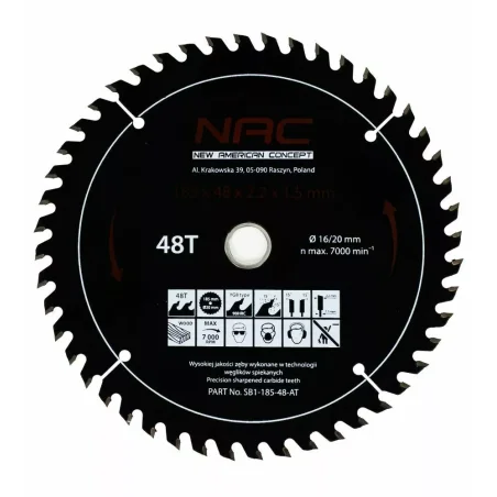 Tarcza widiowa do drewna 185mm 48T SB1-185-48-AT NAC