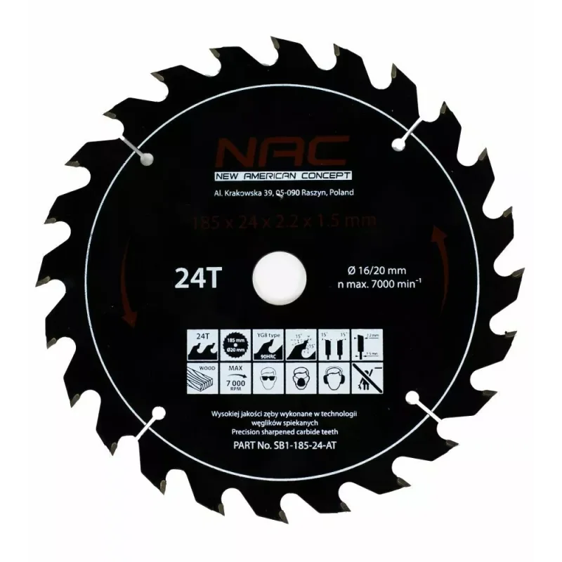 Tarcza widiowa do drewna 185mm 24T SB1-185-24-AT NAC