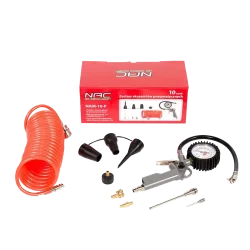 ZESTAW AKCESORIÓW DO KOMPRESORA: pistolet do pompowania oraz kontroli ciśnienia w kołach, wąż spiralny 5 m, 8 dysz do pompowania