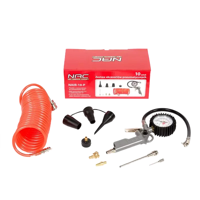 ZESTAW AKCESORIÓW DO KOMPRESORA: pistolet do pompowania oraz kontroli ciśnienia w kołach, wąż spiralny 5 m, 8 dysz do pompowania