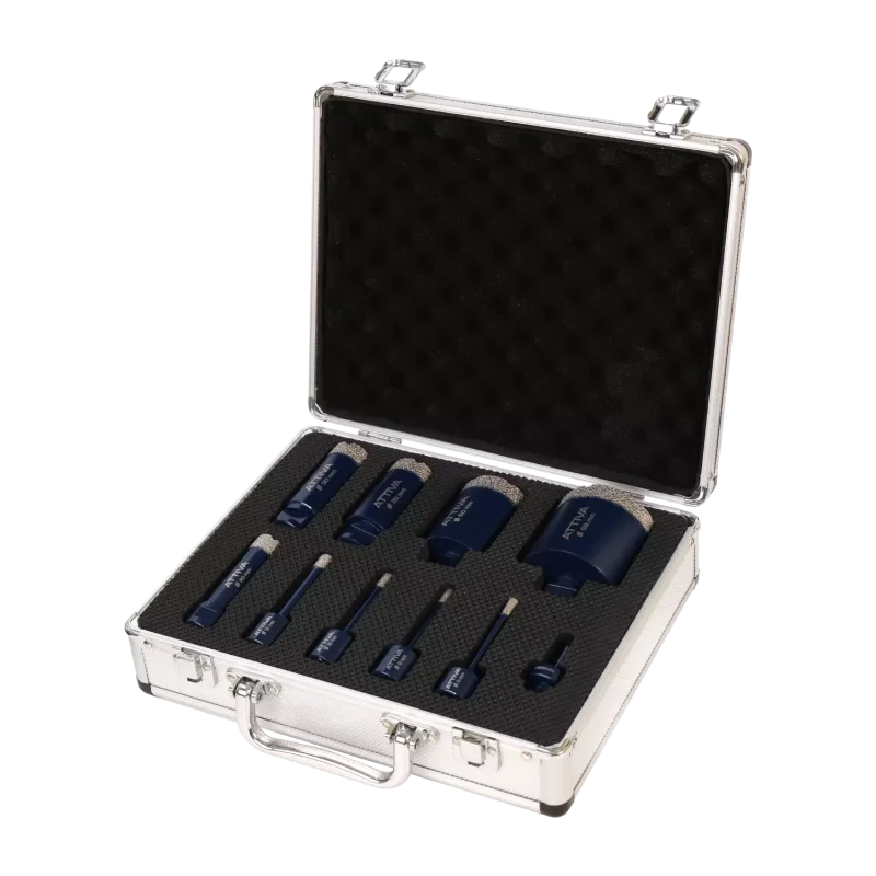 Średni zestaw diamentowych otwornic do gresu ATTIVA, rozmiary 6mm, 8mm, 10mm, 12mm, 20mm, 30mm, 35mm, 50mm, 68mm + adapter (M14