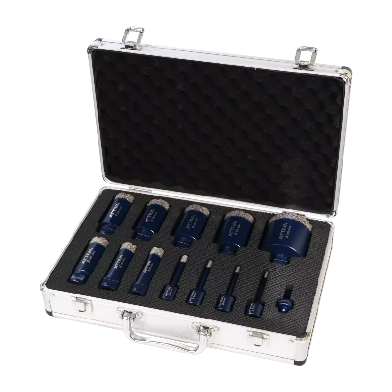 Duży zestaw diamentowych otwornic do gresu ATTIVA, rozmiary 6mm, 8mm, 10mm, 12mm, 20mm, 25mm, 30mm, 35mm, 40mm, 42mm, 52mm, 68mm