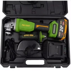 Akumulatorowa szlifierka kątowa Procraft PWA220 , 125mm , bezszczotkowa, soft start, 3 zakresy obrotówakumulator 4Ah 1 szt , ład