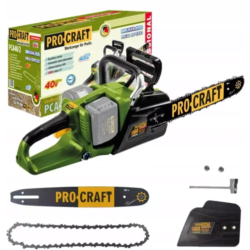 Akumulatorowa pilarka łańcuchowa Procraft PCA40/2 (bez akum. i ładowarki) Prędkość liniowa łańcucha: 14,65 m/s Długość prowadnic
