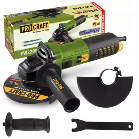 Szlifierka kątowa 125mm  Procraft PW2200 1100W , bezszczotkowa, regulacja obrotów, soft start, zabezpieczenie przed przeciażenie