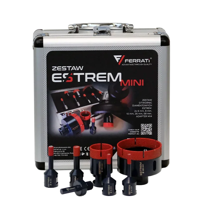 Zestaw ESTREM MINI otwornice 6,6,8,10,35,68mm+adapter M14 w walizce FERRATi