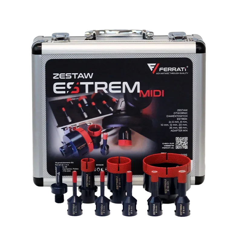 Zestaw ESTREM MIDI otwornice 6,6,8,10,12,20,35,68mm+adapter M14 w walizce FERRATi