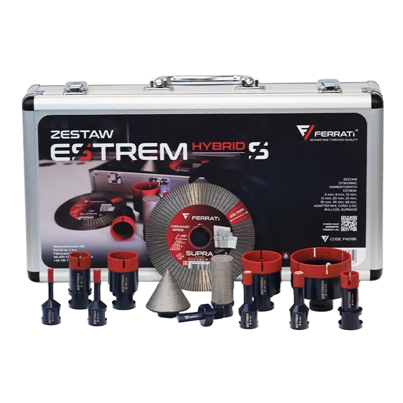 Zestaw ESTREM S-HYBRID otwornice 6,8,10,12,20,25,35,45,68mm+adapter M14, CONO 2-50, RULLO25, SUPRA125 w walizce FERRATi