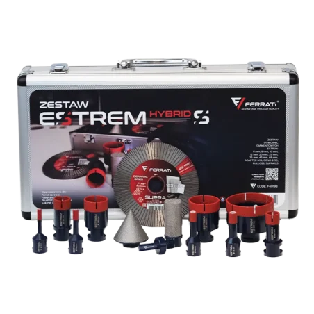 Zestaw ESTREM S-HYBRID otwornice 6,8,10,12,20,25,35,45,68mm+adapter M14, CONO 2-50, RULLO25, SUPRA125 w walizce FERRATi