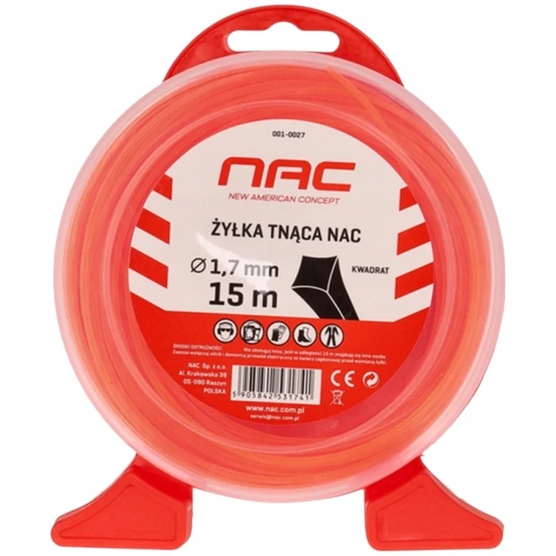 Żyłka tnąca NAC kwadrat 1,7 mm x 15 m pomarańcz kosy podkaszarki kosiarki