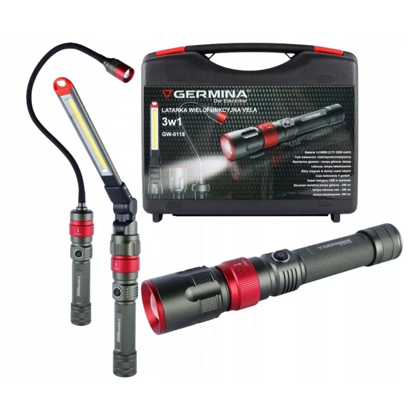 Latarka akumulatorowa Germina VELA 3w1 wymienne głowice walizka 2200mAH