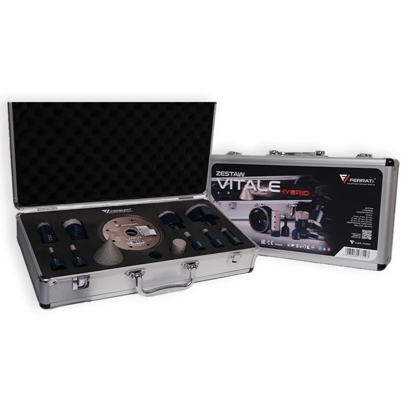 Zestaw VITALE HYBRID otwornice 6,8,10,12,20,25,35,45,68mm+adapter M14, CONO 2-50, RULLO25, MICO125 w walizce FERRATi