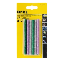 Zestaw 12 szt. wkładów klejowych brokatowych, 7,4 mm x 100 mm, w kolorach: złoty, srebrny, zielony, niebieski, czerwony, fioleto